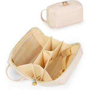 Travel Makeup Bag Gift for Women, Soft PU Leather Cosmetic Bags, Waterproof Toiletry Bag, Portable Wide Open Pouch, Travel Cosmetic Bag with Divider and Handle, Medium, Brown