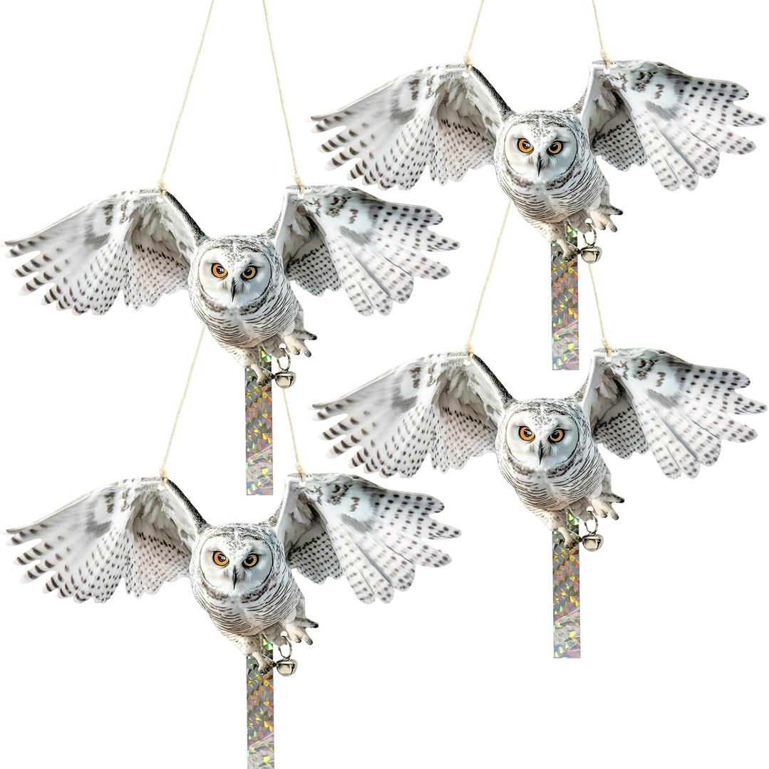 4Pack Fake Owl Plastic Owls Reflective Hanging Owl Decoration, Barn Swallow Deterrent Garden Owls for Woodpecker Pigeon Plastic Hanging Outdoors (4 White Winged Eagle)