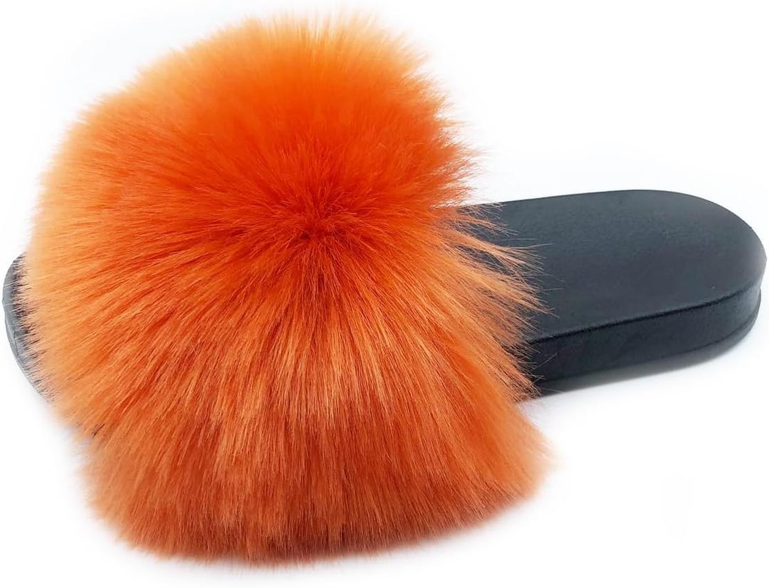 Unpafcxddyig Women Faux Fox Fur Slippers Feather Vegan Leather Open Toe Slip On Sandals (10, Orange)