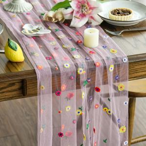 Artoid Mode Pink Embroidery Daisy Gauze Table Runner 120 Inch 10FT, Seasonal Sheer Kitchen Dining Holiday Wedding Birthday Table Decor for Home Party (28" x 120")