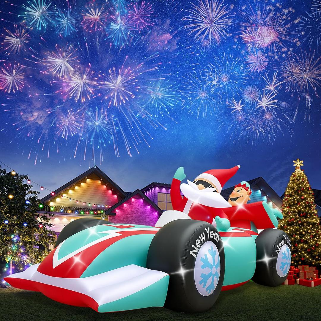 10FT Giant Christmas Inflatables Outdoor Decorations Xmas Racing Car Blow Up Yard Decorations with Built-in LED Lights for Garden Lawn Outdoor Yard Winter Holiday