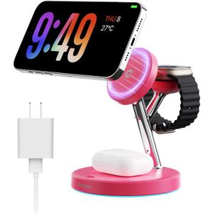 3 in 1 Charging Station Compatible with Mag-Safe Charger Wireless Charger Stand for iPhone 16 15 14 13 12 Series Wireless Charging Station for AirPods Wireless Charging Stand for iWatch Series (Red)