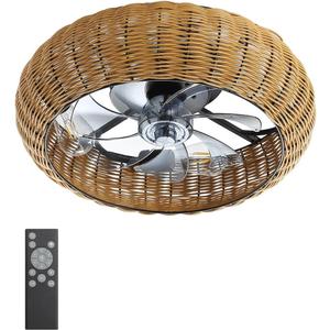 FELCO 20" Boho Bedroom Fandelier Ceiling Fan with Light and Remote, Low Profile Bohemian Woven Caged Flush Mount Ceiling Fan Light for Indoor, Covered Outdoor, Quiet DC Motor 6-Speed Reversible