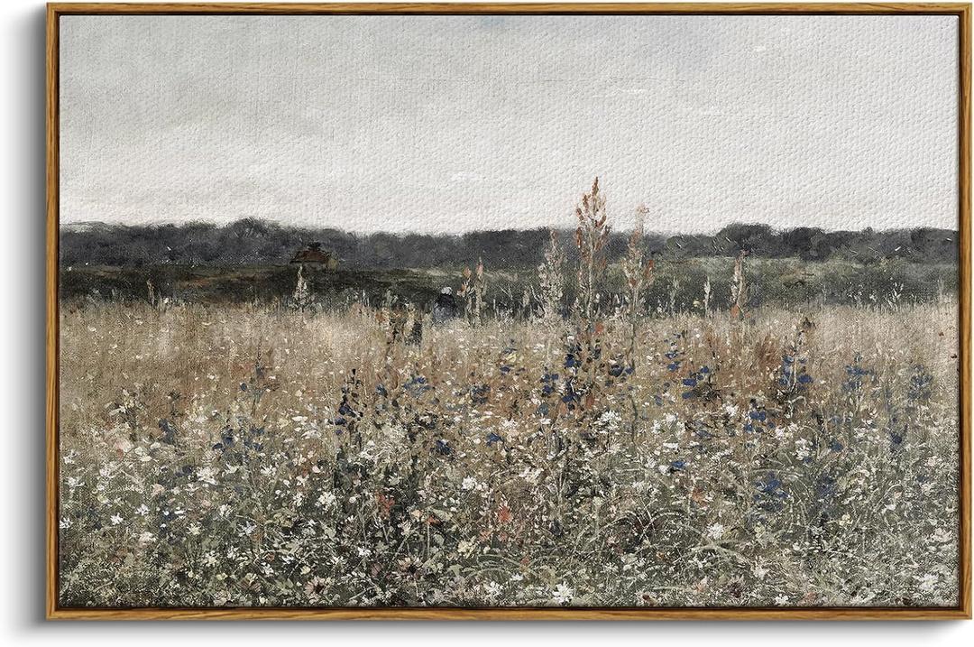 InSimSea Framed Canvas Wall Art Vintage Decor, Landscape Wall Art, Meadow with Flowers Art, Modern Farmhouse Decor, Cottagecore Bedroom Bathroom Office Decorations, 24"x36"