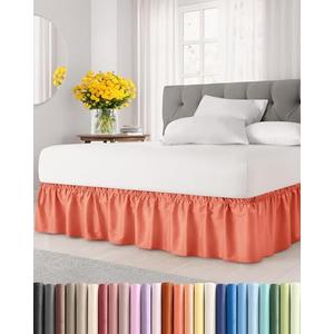 Wrap Around Dust Ruffle Bed Skirt - Coral - for King Size Beds with 18 Inch Drop - Easy Fit Elastic Strap - Adjustable Pleated Bedskirt w/Brushed Fabric - Wrinkle Free - for Women, Men, Kids & Teens