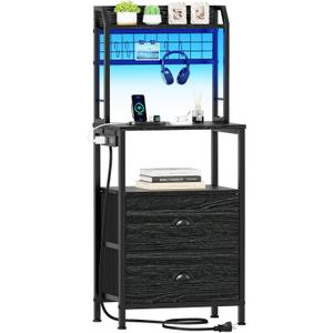Furologee 41'' Tall Nightstand with Charging Station, Bedside Table with LED Lights, End Table with 2 Drawers and Storage Shelves, Night Stand with Pegboard for Bedroom, Black Oak