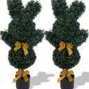BLONYUVC Easter Bunny Topiary 36'' Artificial Bunny-Shaped Topiary Double Ball Tree Pot Easter UV-Resistant Bowknot Faux Boxwood Topiaries Plant for Porch Decor Outdoor/Indoor 2 Pack