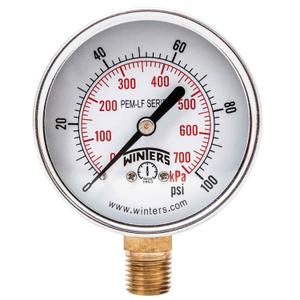 Winters 2-1/2 inch Dial Size, Economy Utility Pressure Gauge, Potable Brass Internals, Steel Case, Dual Scale 0-100 psi/kPa, 3-2-3% Accuracy, 1/4 inch NPT Bottom Mount, Drinking Water Pressure Gauge
