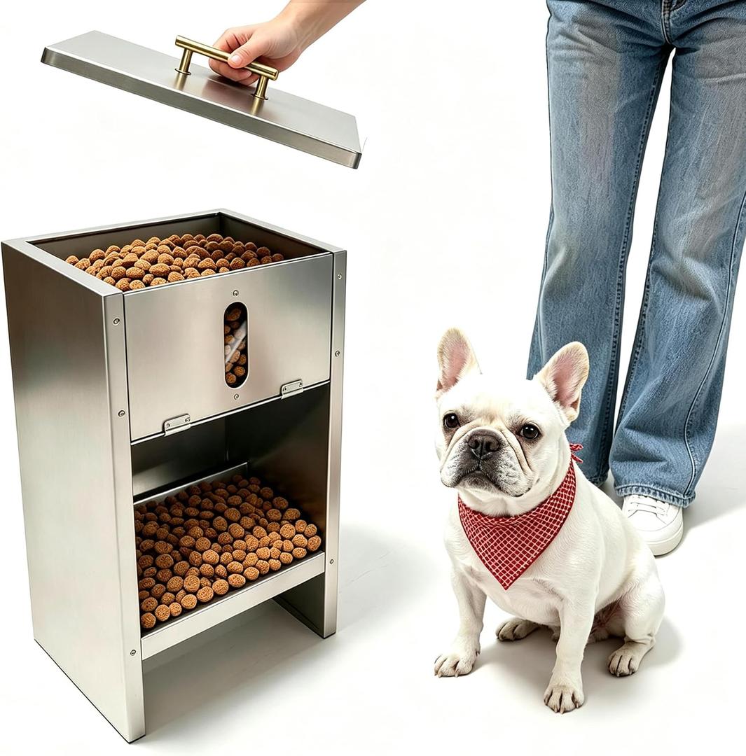 Dog Food Feeder for Kibble - Stainless Steel - Automatic Dog Feeder Large Breed 25LBs Outdoor Gravity Self Feeding for Medium, Large Dog Breeds, Pre-Installed Nuts for Easy Assembly
