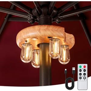 Wood Grain Patio Umbrella Light with Remote Control, Rechargeable Cordless LED Edison Bulbs Pole Light with 10 Brightness Levels for Garden, Patio, Backyard, Camping or BBQ (1 Pack)