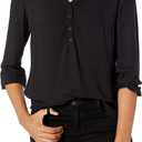 Amazon Essentials womens 3/4 Sleeve Button Popover Shirt, Loose-Fit V-Neck Blouse (X-Large, Black)