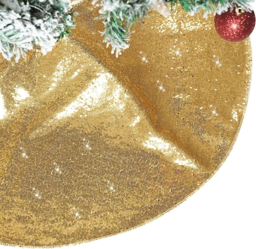PartyDelight Rose Gold Christmas Tree Skirt 36 inch Sequin Sparkly Base Cover for Merry Christmas Party Holiday Home Indoor Xmas Tree Decorations Gold