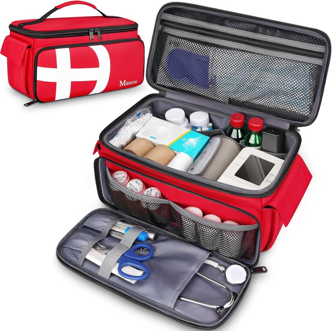 Mancro First Aid Bags Empty, Medical Travel Bag with Multi Pockets, Pill Bottle Organizer for Travel, Home Storage, Trauma Bag for EMT, Nurses, Doctor, Emergency Bag for Medicine, Medical Supplies (Red)
