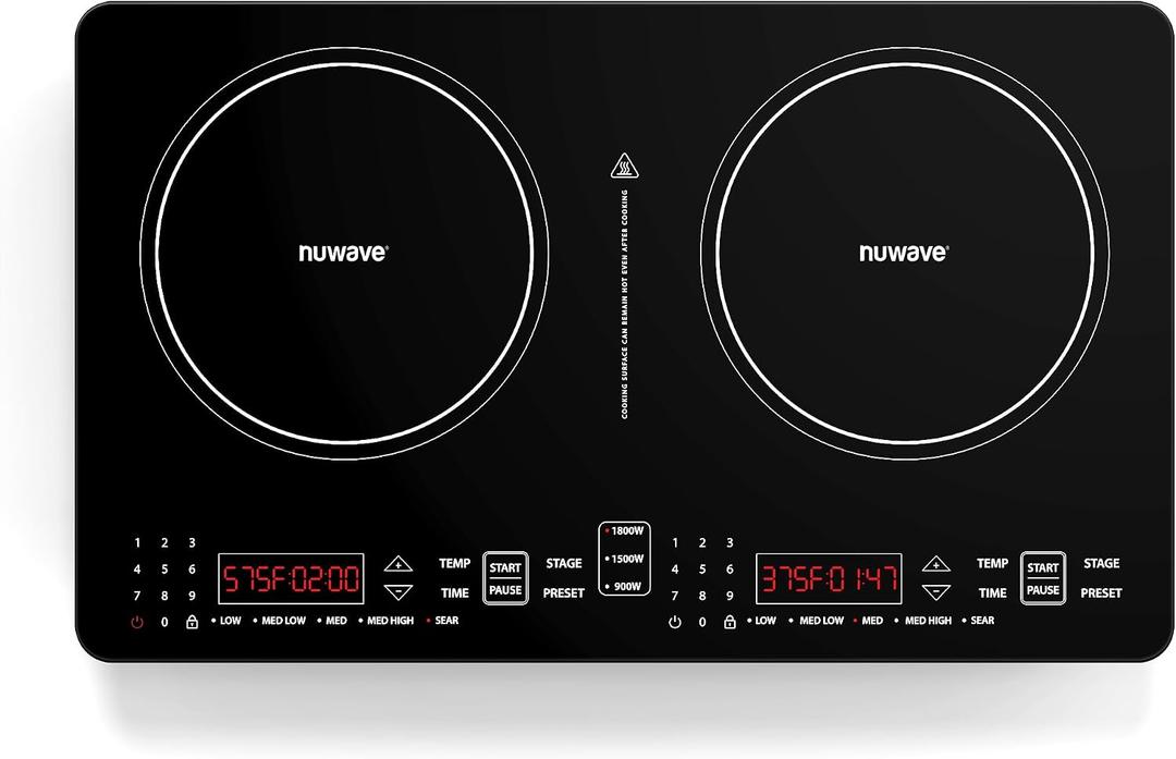 Nuwave PIC Double Portable Induction Cooktop, 900W/1500W/1800W Options, Two 8” Heating Zones, 106 Precise Temperatures from 50°F–575°F in 5°F Increments, Shatter-Resistant Ceramic Glass