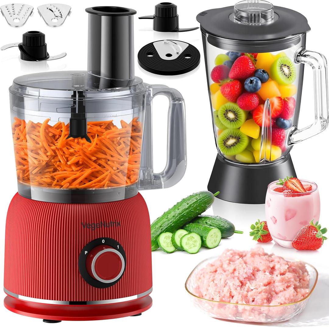 Food Processor and Blender Combo, 88 oz Food Chopper for Meat, Vegetable and Dough, 70 oz 600W Glass Jar Blender with 2 Speeds and Pulse for Smoothie, Nutrient Extractions, and More (Red)
