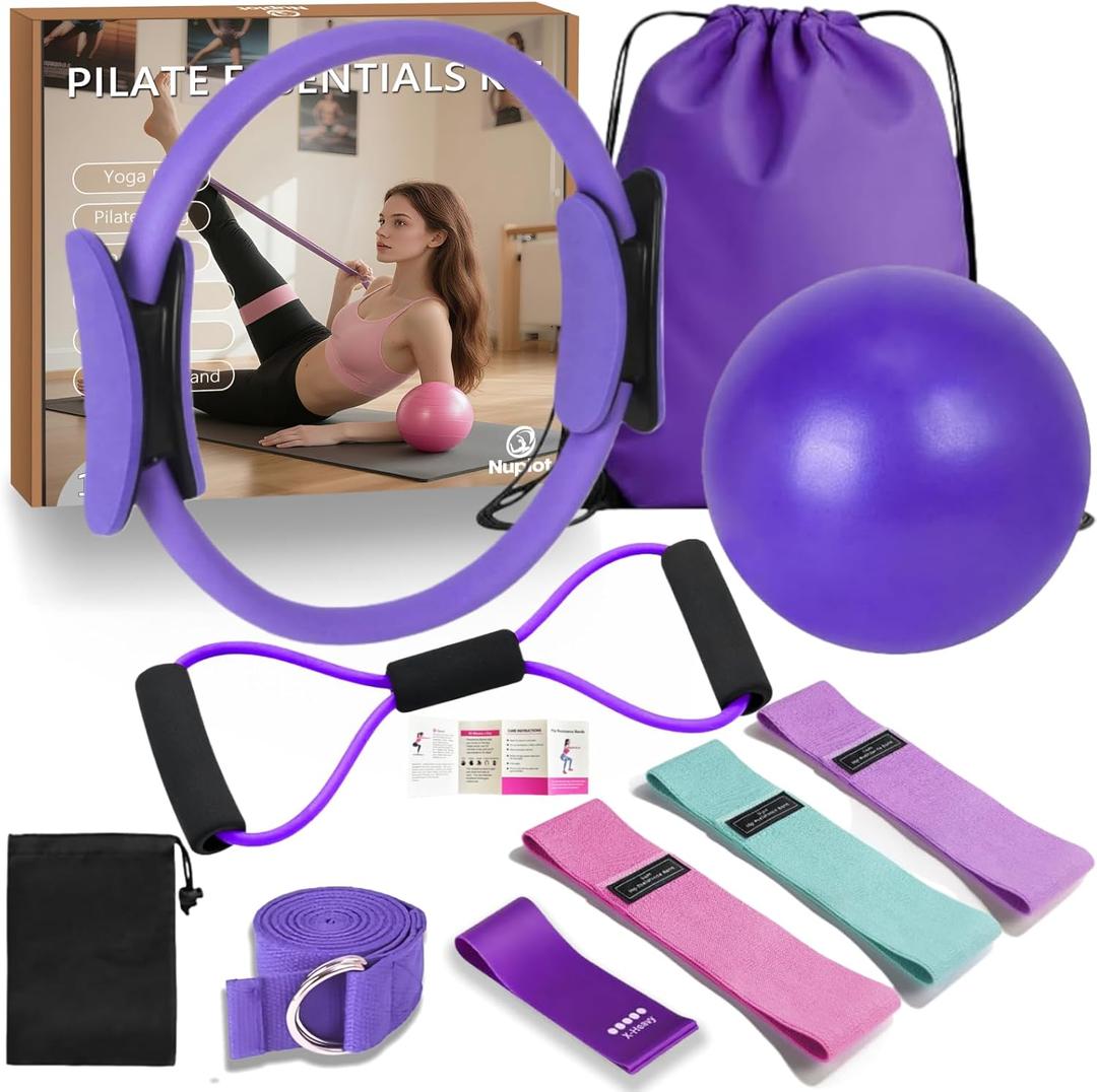 Nuplot Pilates Equipment, Pilates Kit for Home Workouts, Pilates Essentials Kit for Women, Home Pilates Kit with Pilates Ring and Ball Set, Booty Bands, Figure 8 Resistance Band, Yoga Band (Purple)