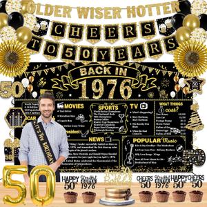 50th Birthday Decorations for Men Women, 36 Pcs Back in 1976 Birthday Party Decorations, Black Gold Happy 50th Banner,Vintage 50th Birthday Table Decorations ,Cake Topper, Sash Party Supplies