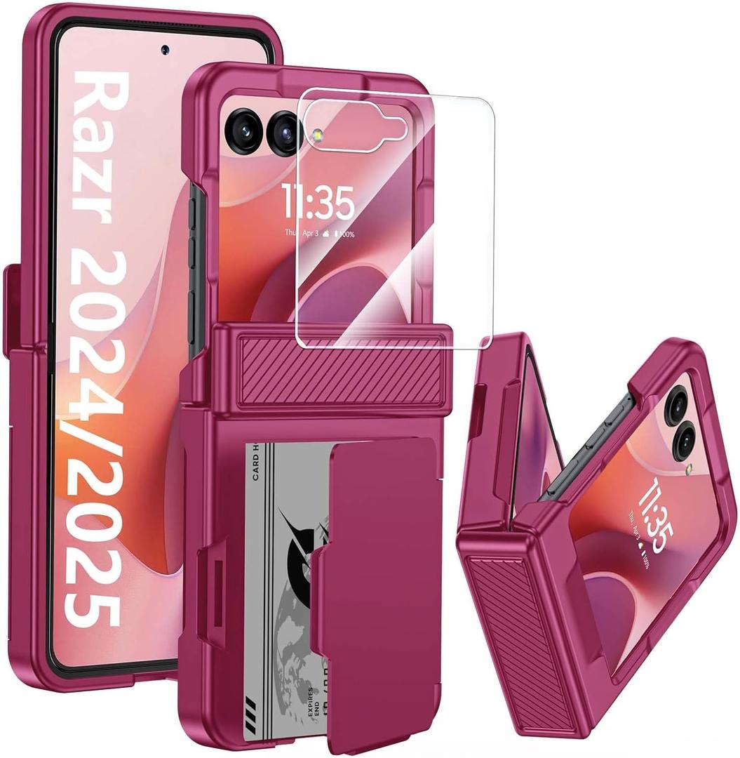 GooseBox for Motorola Razr 2025 Case Wallet RFID Card Holder&Hinge Protection&HD Screen Protector, Full Body Shockproof Cover for Motorola Razr 2025/Razr 2024(Magenta)
