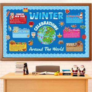 Geyoga Winter Holidays Around The World Bulletin Board Decorations Winter Holiday Bulletin Board Set with Christmas Chinese New Year Hanukkah Diwali Kwanzaa Solstice Poster Cutout School Wall Door