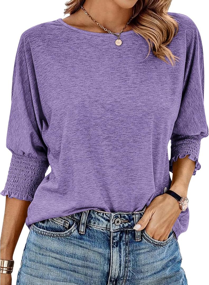 BTFBM Women's Casual Tops Dressy Summer Fall T Shirts 2025 Crewneck 3/4 Sleeve Loose Tunic Beach Vacation Blouse (Large, Purple)