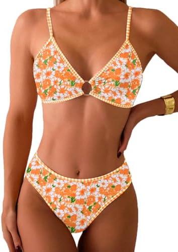Tainehs Women's Two Piece Bikini Sets O Ring Front Top Ditsy Floral Triangle Swimsuits Cheeky Bathing Suit XS