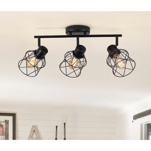 3-Lights Black Track Lighting Fixture Ceiling,Adjustable Semi Flush Mount Ceiling Light Fixture Multi-Directional Rotatable Kitchen Track Lighting Fixtures with Geometric Cages for Dining Room