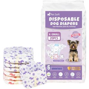 Pet Soft Female Dog Diapers - Disposable Doggie Diapers with Wetness Indicator, Puppy & Cat Diaper Super Absorbent, Fit for Female Dog in Heat or Incontinence, 20pcs (XS, Mixed)
