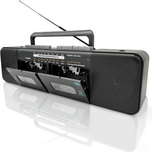 Retro Boombox with Dual Cassette Player, 7200mAh Battery, Bluetooth & 4-Band Radio (AM/FM/SW) Convert Tape to MP3 via USB, Tape Recorder & Headphone Jack for Home & Outdoor