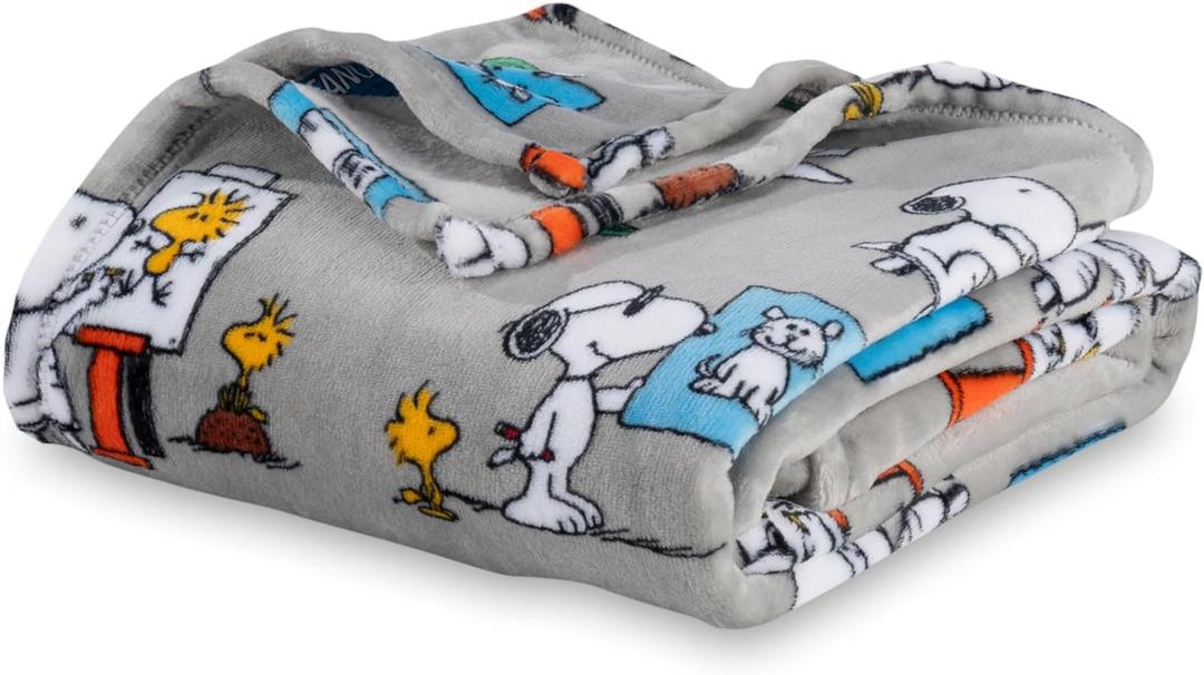 Berkshire Blanket Peanuts VelvetLoft Cute Character Snoopy Plush Oversized Kids Throw Blanket, Peanuts Snoopy's Art Class Grey (50in x 60in)