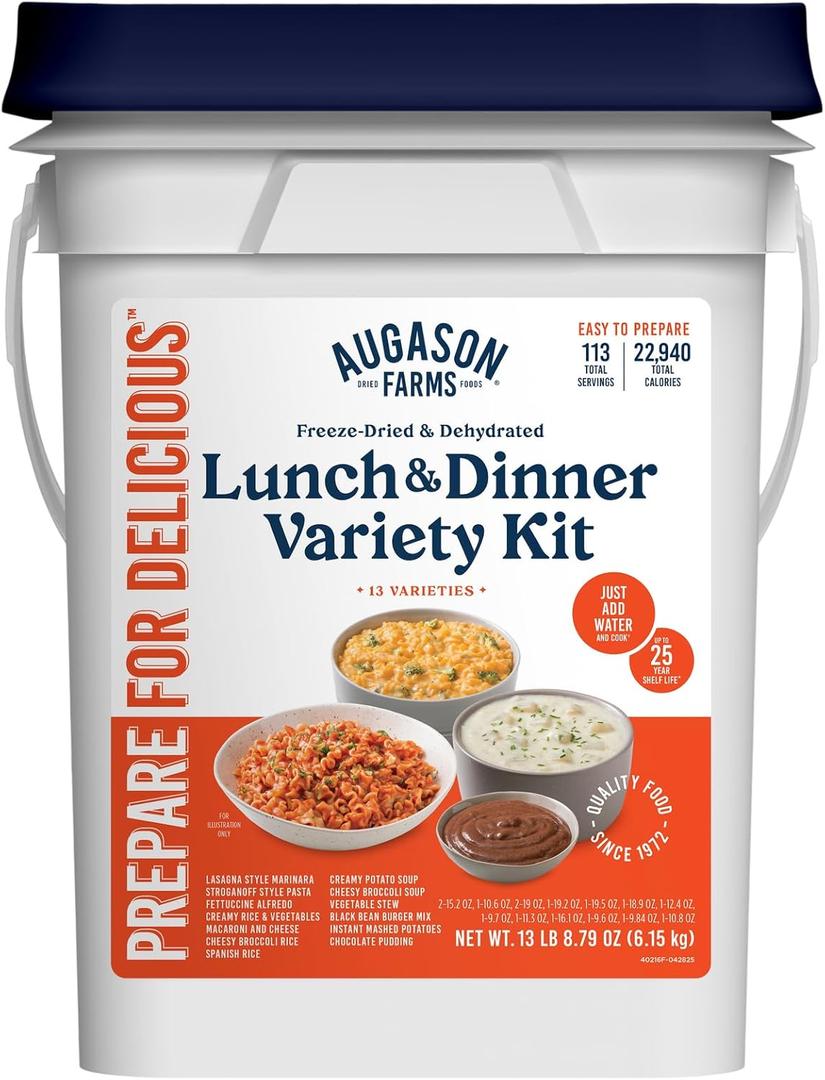 Augason Farms 4-Gallon Lunch & Dinner Variety Pail - Dehydrated Survival Food Kit - Long Shelf Life Ready to Eat Meals - Disaster Prep, Hiking & Camping Essentials - 113 Servings, Best By: 01/24/2035