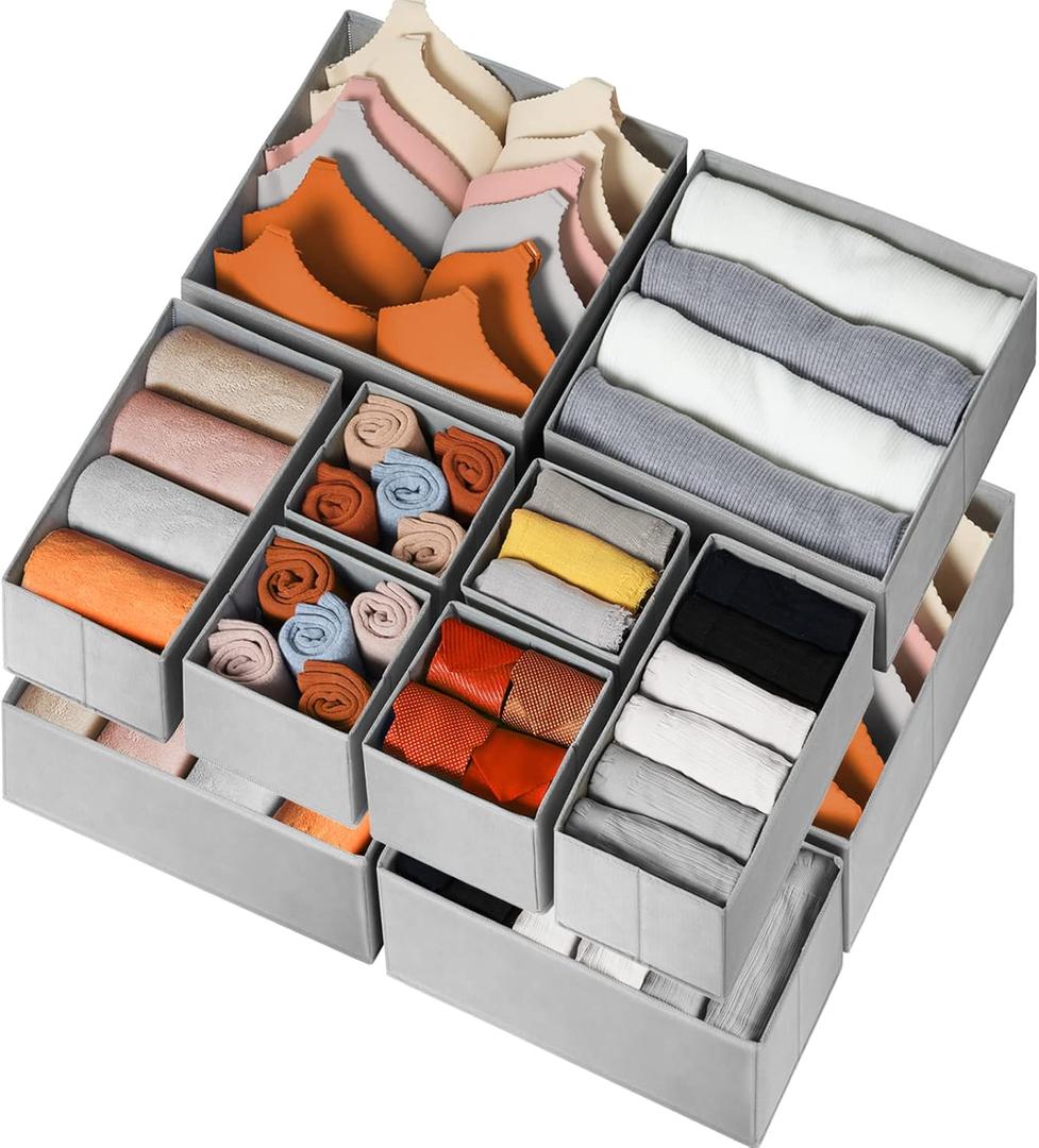 Criusia Drawer Organizer for Clothing, 12 Pack Sock Underwear Drawer Organizer Bins, Foldable Fabric Closet Organizers and Storage, Dresser Drawer Dividers for Baby Clothes, Bra, Scarves, Belt, Tie (Grey)