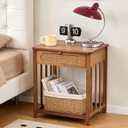 oakvivo Rattan Night Stand, Nightstand Bedside Table, Walnut Side Tables, 19.69"W x 15.75"D x 26.77"H