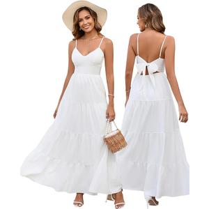 Women Casual Summer Floral Maxi Sundress V Neck Spaghetti Strap Bow Tie Backless Flowy Boho Beach Long Dress 2026, S