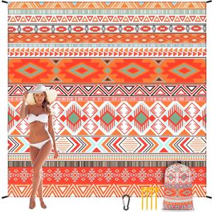 Beach Blanket Waterproof Sandproof Beach Mat 79" X 83"/10'x9'for 2-8 Adults Quick Drying Outdoor Picnic Mat Beach Accessories for Travel, Camping, Hiking (Bohemian Orange)