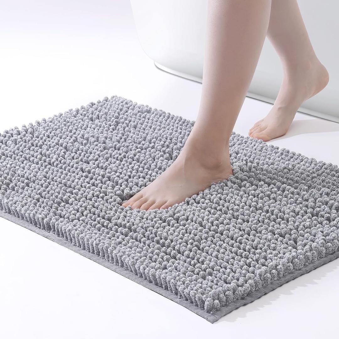 FRESHMINT Chenille Bathroom Rugs Mat 24"x17", Non-Slip Bath Mat for Bathroom Floor & Bathtub, Washable Shower Shag Bath Rugs, Soft Fluffy Thick Water Absorbent Microfiber Shower Mat, Gray Heather