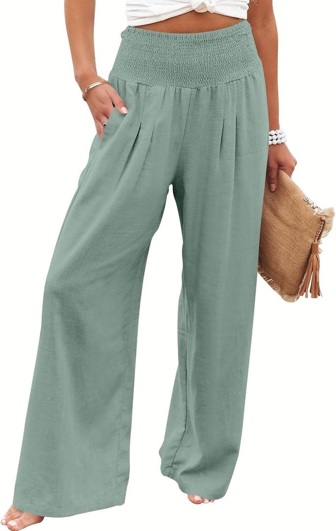 ANRABESS Women Linen Palazzo Pants Summer Boho Wide Leg High Waist Casual Lounge Pant 2025 Beach Travel Vacation Outfits (L, Green Blue) ANRABESS Women Linen Palazzo Pants Summer Boho Wide Leg High Waist Casual Lounge Pant 2025 Beach Travel Vacation Outfits (L, Green Blue)