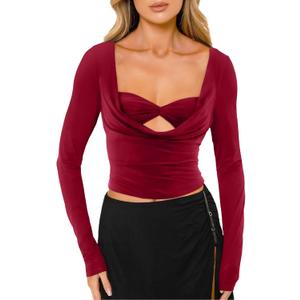 CSDAJIO Women's Sexy Draped Cowl Neck Long Sleeve Cut Out T Shirt Low Cut Fitted Top Ruched Going Out Shirts (L)