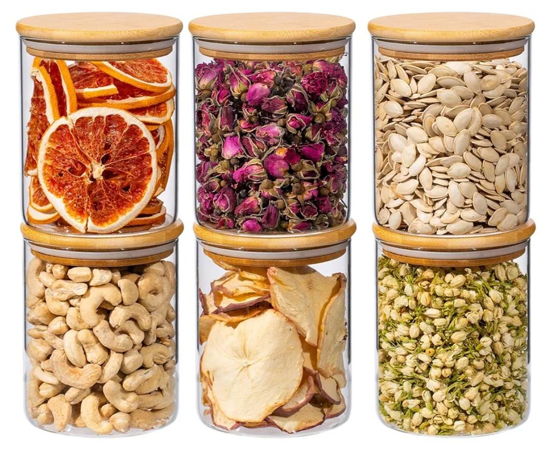 Xoniwis 25oz 6PCS Round Airtight Glass Food Storage Jars, Clear Glass Food Storage Container with Bamboo Lid, Stackable Spice Jar, Kitchen Canister for Sugar, Tea, Coffee bean, Pasta, Oat, Spice
