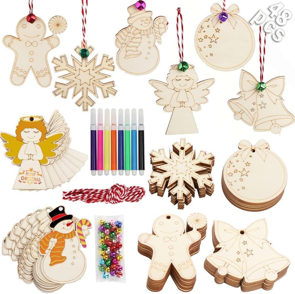 OurWarm 48pcs Wooden Christmas Ornaments Crafts for Kids, Unfinished Wood Slices Ornaments, DIY Crafts Christmas Ornaments Set for Christmas Tree Ornaments