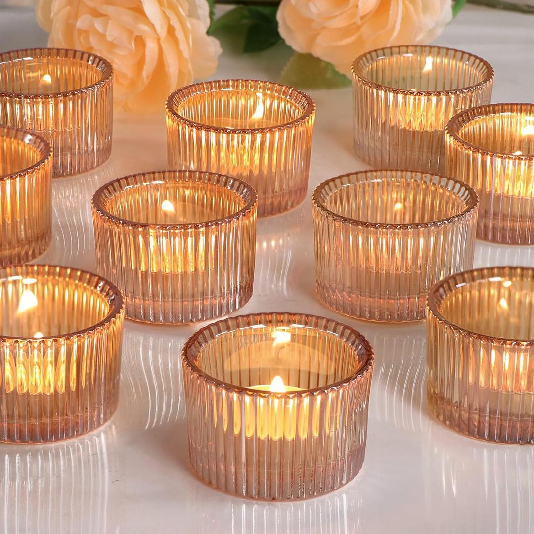 Lanttu Tealight Candle Holder Set of 12, Gold Small Votive Candle Holders for Table Centerpiece, Glass Tea Light Candles Holder for Party & Home, Wedding Decor (2'' Dia x 1.4'' H)