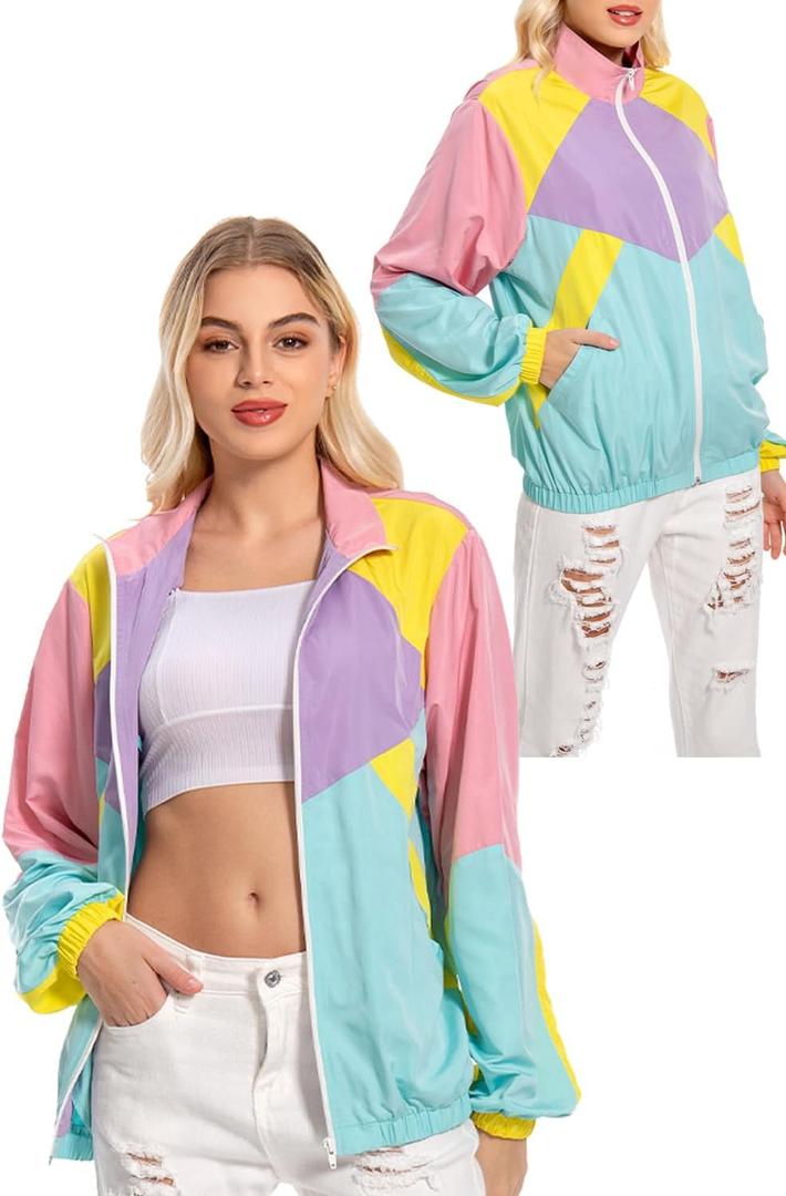 80s Windbreaker Jacket for Women, Retro Color Block Casual Coat Neon Long Sleeve Outerwear (L)