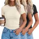 3 Pack Women's Lace Tops Ribbed Short Sleeve Lettuce Trim T-Shirts Cute Crewneck Summer Fitted Bow Knot Casual Tees (L)