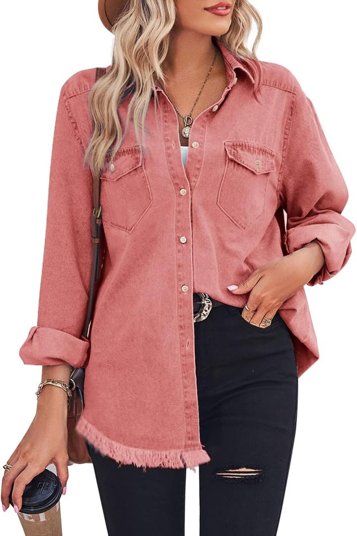 Zilcremo Women Denim Shirt Chambray Collared Jean Shirts Long Sleeve Pocket Button Down Blouses (Large, Pink)