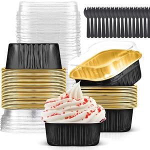 10oz Mini Cake Pans with Lids (40 Pack) Aluminum Foil Square Cupcake Liners Brownie Baking Cups,Disposable 4x4 Large Cupcake Pan,Jumbo Muffin Tin Ramekins Holders (Black)