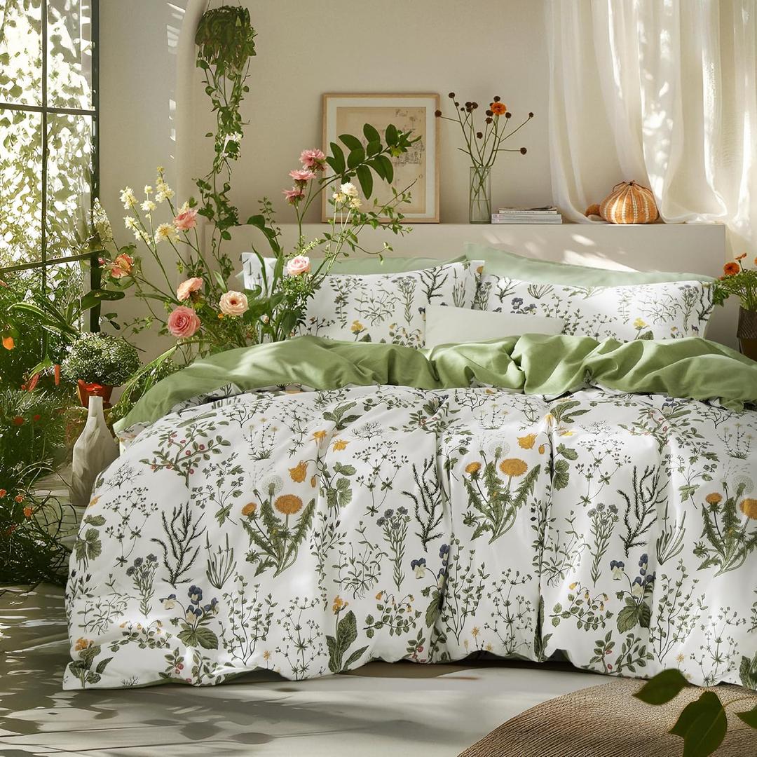 Bedsure Duvet Cover King Size - 100% Cotton Reversible Floral King Duvet Cover Set with Zipper Closure, 3 Pieces Soft & Breathable Green Bedding Set with 2 Pillow Shams 20"x36" (05 - Green (No Comforter))
