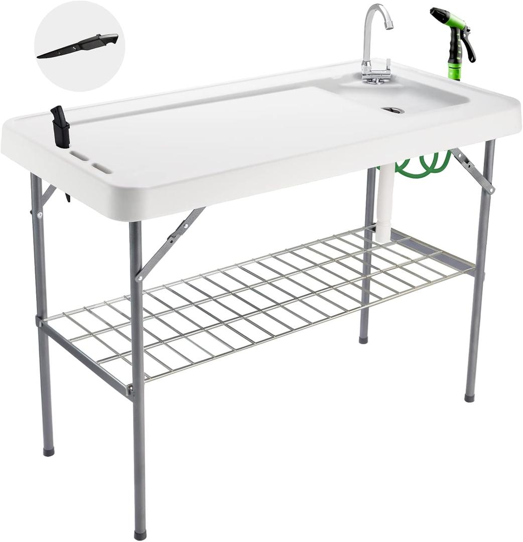 Folding Fish Cleaning Table Portable Camping Sink Table with Faucet Drainage Hose & Sprayer Outdoor Fish Fillet Cleaning Station with Grid Rack & Knife Groove for Picnic Fishing, Grey, 23D x 45W x 37H in