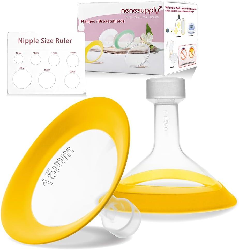 Nenesupply 15mm Oval Flanges Compatible with Medela Breast Pump Parts Replace 17mm Flange Accessories. Work with Pump in Style Parts Symphony Parts Swing Maxi Harmony and Personalfit Flex Connector