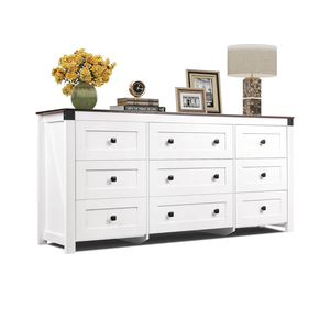 WLIVE Farmhouse Dresser for Bedroom, 63" Wide 9 Drawer Dresser Storage Organizer, Wood Chest of Drawers for Bedroom, TV Stand for 70 inch TV, for Living Room, Hallway, Ball Bearing Slide (White)