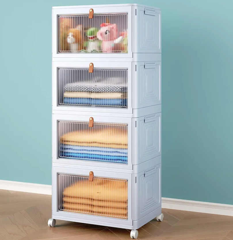 4 Tier Stackable Plastic Storage Bins with Lid and Wheels - 23 QT Closet Organizers and Storage, Foldable Storage Containers, Organization and Storage Boxes for Craft, Home, Pantry, Dorm,Grey