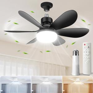 Socket Fan Light with Remote,Small Ceiling Fans with Lights,Smart Timing 2000 Lumens Dimmable 3 Colors,E26 Base Socket Ceiling Fan for Bedroom Living Garage KitchenBlack (Warm White)